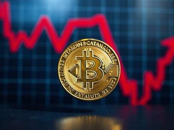 A gold Bitcoin coin stands upright on a dark surface with a red declining chart line in the background, suggesting a market downturn.