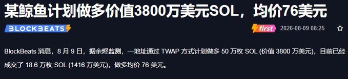 A BlockBeats news flash from August 9, 2026, reporting that a whale address plans to sell 500,000 SOL worth $38 million via TWAP, with 186,000 SOL ($14.16 million) already sold at an average price of $76.