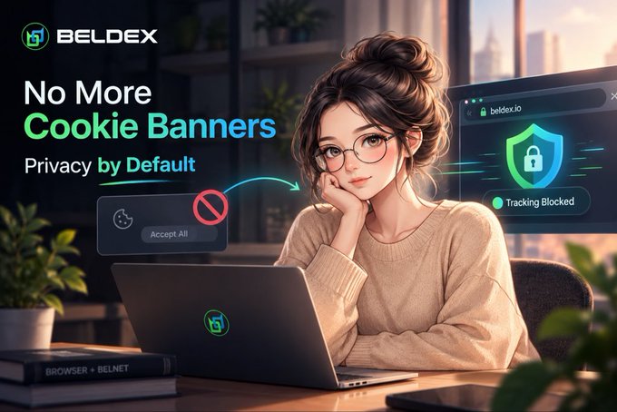 An advertisement for 'BELDEX' features an anime-style illustration of a bespectacled woman at a laptop, with text promoting 'No More Cookie Banners' and 'Privacy by Default,' showing tracking being blocked.