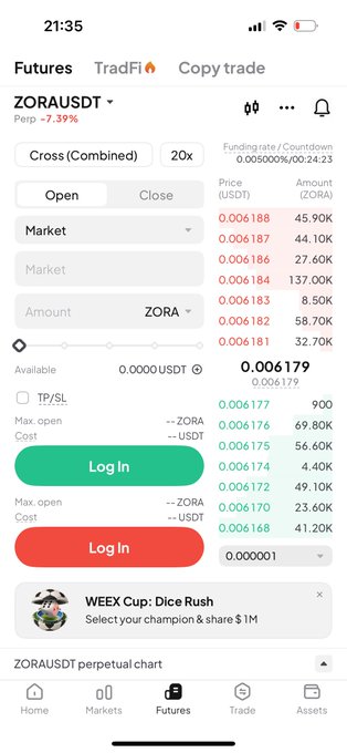 Mobile trading app screenshot showing ZORAUSDT perpetual futures at 0.006179 with 20x leverage, 7.39% perp change, displaying order book and trade interface.