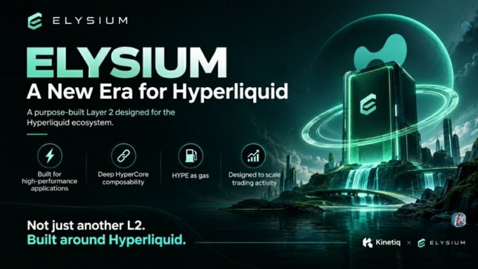 An advertisement for 'ELYSIUM' blockchain, subtitled 'A New Era for Hyperliquid,' describing it as 'A purpose-built Layer 2 designed for the Hyperliquid ecosystem' with features including high-performance, composability, HYPE as gas, and scalable trading.