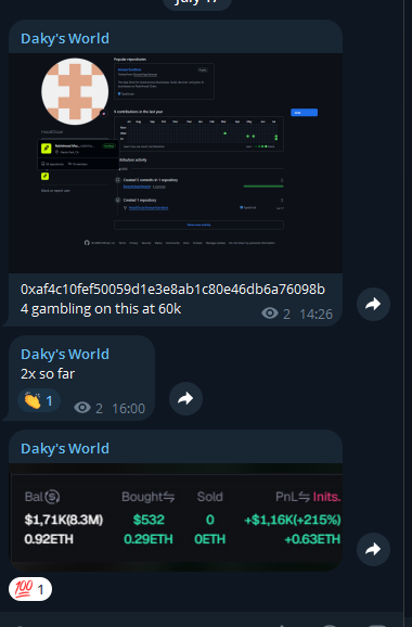 A Telegram chat screen named 'Daky's World' shows messages about gambling with a 60k bet and trading activity involving 1.71K ($8.3M) Bat bought and 0.29 ETH sold, showing significant profit.