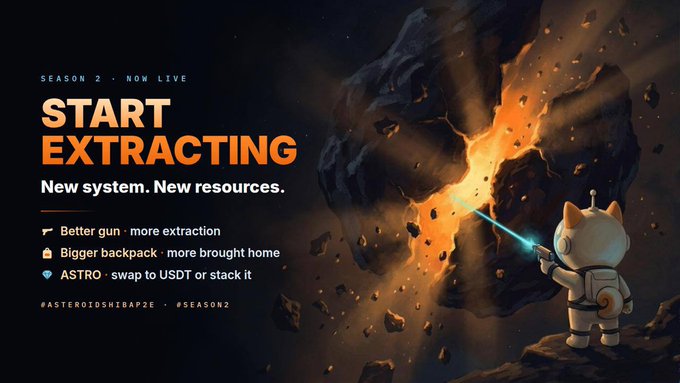 Promotional banner for 'Asteroids Hibapaz Season 2' featuring a cartoon cat astronaut shooting an asteroid, with text 'START EXTRACTING', 'Better gun - more extraction', 'Bigger backpack', and hashtag #ASTERIODSHIBAPZ #SEASON2.