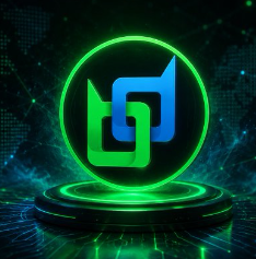 A 3D-rendered logo featuring a blue stylized symbol inside a glowing green circle on a dark teal background.