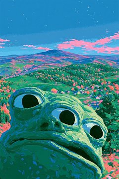 A stylized digital painting of a green, multi-eyed creature in the foreground with a landscape of green hills and a pink-hued sky in the background.
