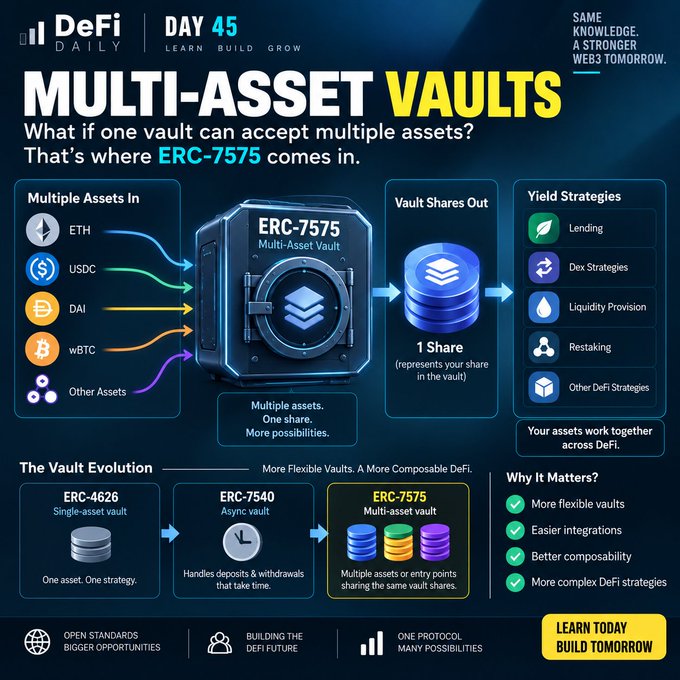 An infographic titled "DeFi Daily Day 45" explains ERC-7575 Multi-Asset Vaults, showing how multiple assets like ETH, USDC, DAI, and wBTC can be deposited to receive vault shares for various yield strategies.