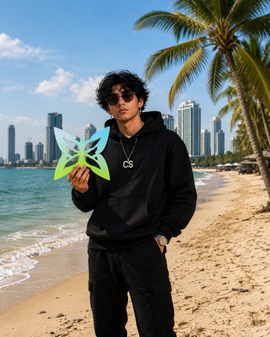 A young man wearing sunglasses and a black "CS" hoodie stands on a sandy beach holding a glowing green butterfly, with palm trees and a city skyline visible in the background.