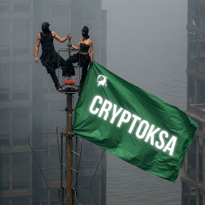 Two masked activists perched atop a beacon display a green flag marked "CRYPTOKSA," embodying the post's defiant tone of an independent crypto supporter who self-funds projects rather than following outside advice.