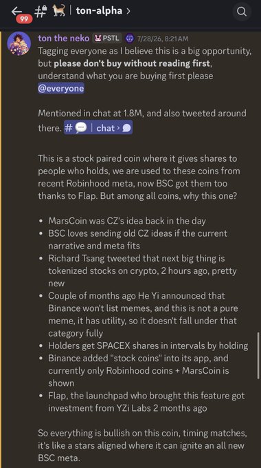 A Discord post by "ton the neko" in the #ton-alpha channel from 7/28/26 discusses MarsCoin ($MarsCoin), a stock-paired BSC token offering SpaceX shares to holders via Robinhood meta, noting Richard Tsang's recent tweets about tokenized stocks on crypto and Binance's new "stock coins" feature—content shared to promote Pastel Group's early, timely call on the coin.