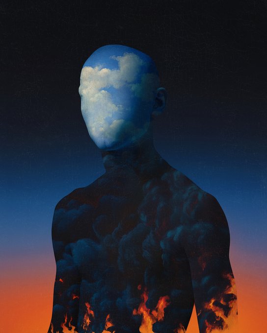 A surreal portrait shows a figure whose face and body are filled with dark clouds and flames, set against a gradient blue and orange background.