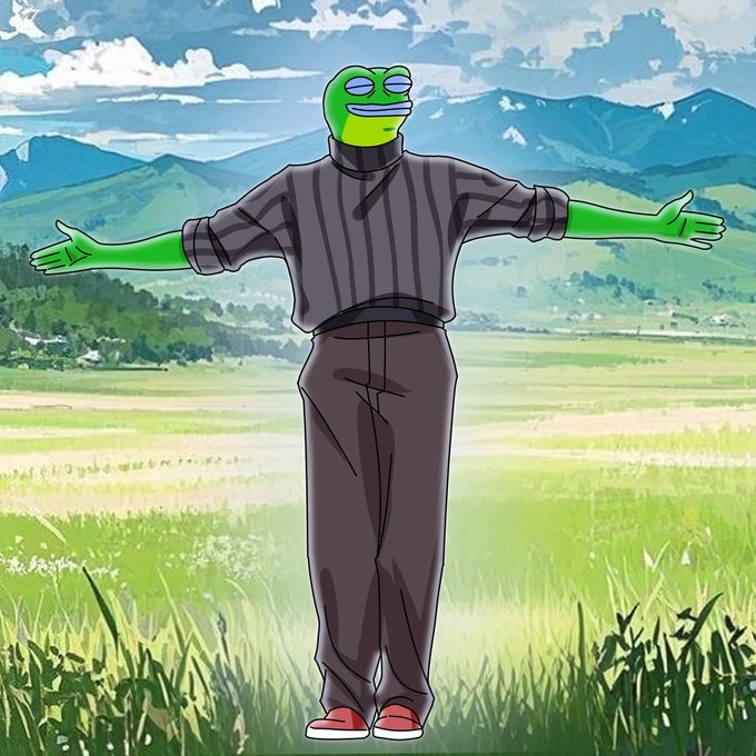 A digital artwork of a Pepe the Frog character with a smug expression standing with arms outstretched in a green meadow with mountains in the background.