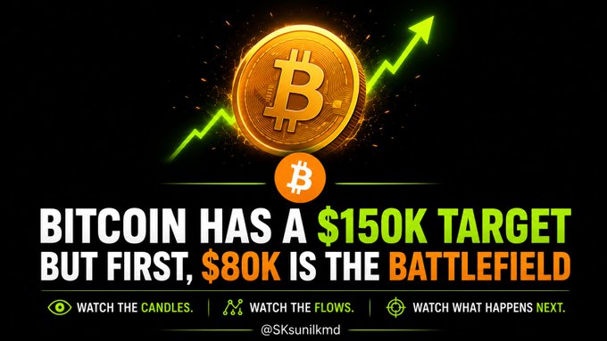 A graphic shows a glowing golden Bitcoin coin with an upward green arrow, with text reading 'BITCOIN HAS A $150K TARGET BUT FIRST, $80K IS THE BATTLEFIELD', 'WATCH THE CANDLES.', 'WATCH THE FLOWS.', 'WATCH WHAT HAPPENS NEXT.', and '@SKsuniikmd'.