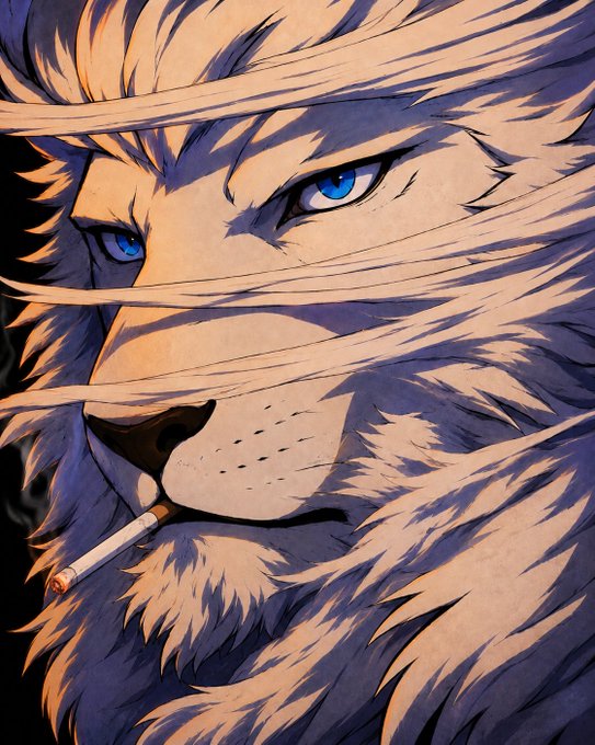 An anime-style illustration of a lion with piercing blue eyes, a flowing mane, and a cigarette dangling from its mouth, rendered in warm orange and dark tones.