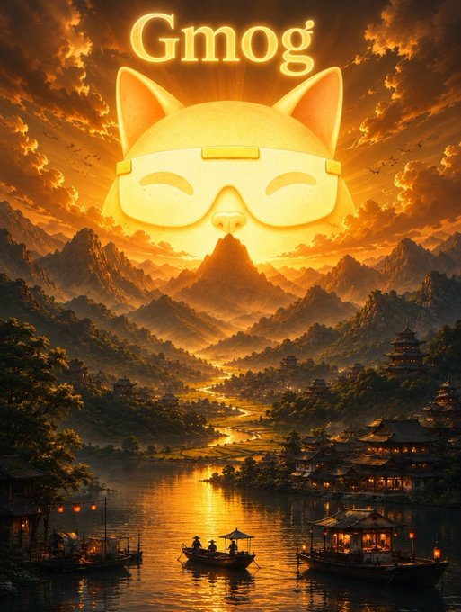 Digital artwork titled "Gmog" depicting a glowing yellow cat-like face with goggles hovering over a sunset landscape with mountains, a river, and boats.