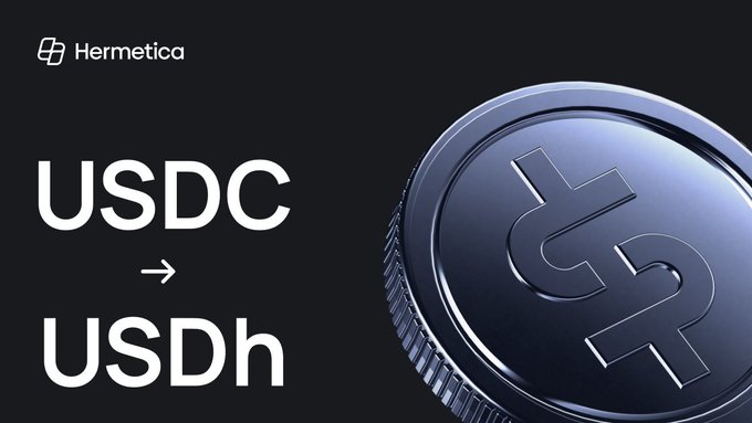 A promotional graphic from Hermetica showing a conversion from USDC to USDH, featuring a large metallic coin with an 'H' logo on the right side.