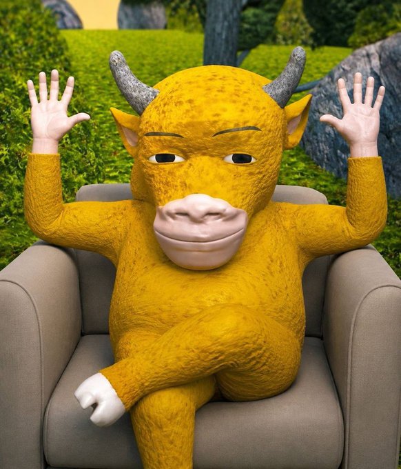 A yellow anthropomorphic bull character with horns sits relaxed on a gray armchair with both hands raised, set against a green landscape background, visually reinforcing the post's "牛来 ATH" (Bull comes, All-Time High) message by symbolizing bullish market momentum.
