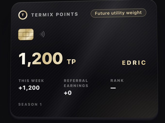 A digital rewards card displaying 'TERMIX POINTS' with a balance of 1,200 TP for user EDRIC, showing '+1,200' earned this week during Season 1.