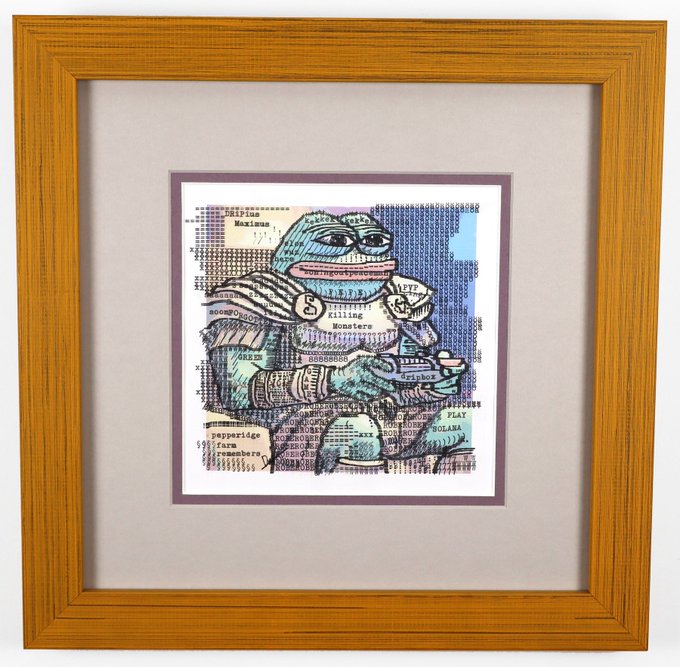 A framed mixed-media artwork depicting Kekius Maximus, a Pepe the Frog character styled as a Roman gladiator holding a goblet, overlaid on newspaper print with visible words like "second," "Killing," "Monsters," and "OLANA." The piece creatively merges the crypto meme culture icon with classical warrior imagery in a wood-framed display.