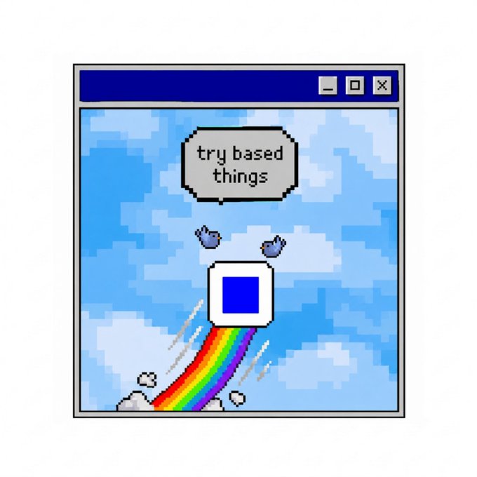 A pixel art illustration in a computer window frame showing a white square with a blue center floating like a balloon with a rainbow trail, with a speech bubble reading "try based things".