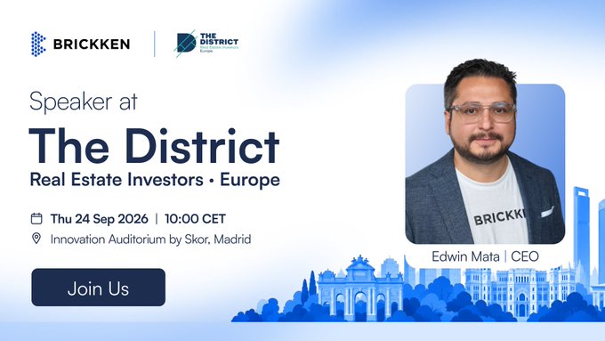 A promotional banner for 'The District Real Estate Investors • Europe' event featuring speaker Edwin Mata, CEO of Brickken, scheduled for Thu 24 Sep 2026 at Innovation Auditorium by Skor, Madrid.