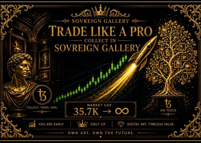 A gold and black promotional graphic for 'SOVREIGN GALLERY' featuring a golden bust, a golden rocket, and a candlestick chart trending upwards, with text promoting 'TRADE LIKE A PRO' on Tezos with a market cap of 35.7K → ∞.