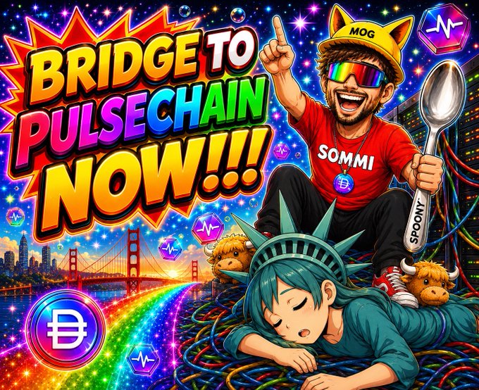 The image is a vibrant, cartoonish promotional graphic featuring the bold text "BRIDGE TO PULSECHAIN NOW!!!" alongside a character wearing a "MOG" hat and a "SOMM" shirt holding a giant spoon labeled "SPOONY," referencing the $SPOON meme. Visual elements include a Golden Gate Bridge over a rainbow river, a sleeping Statue of Liberty figure, Highland cows, and Pulsechain (PRS) and cryptocurrency logos—tying directly into the post about LibertySwap's v3 release, which simplifies bridging to Pulsechain with sponsored gasless transactions and RailGun privacy integration.