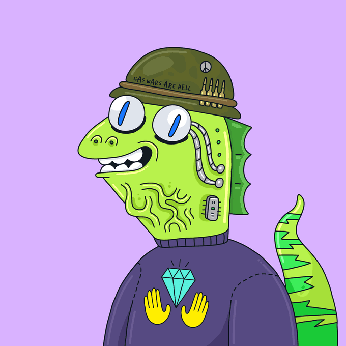 Cartoon illustration of a green reptilian character wearing a military helmet labeled 'GAS WARS ARE HELL' and a dark shirt, holding a glowing blue diamond between yellow-gloved hands.