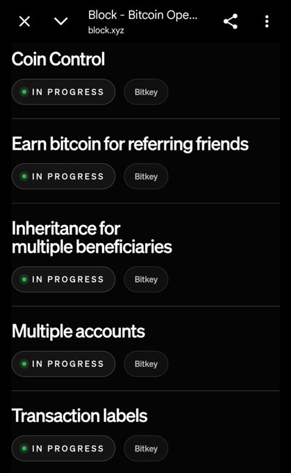 A mobile screenshot of a webpage from block.xyz titled 'Block - Bitcoin Ope...', listing features like 'Coin Control' and 'Inheritance for multiple beneficiaries' all marked as 'IN PROGRESS' by Bitkey.