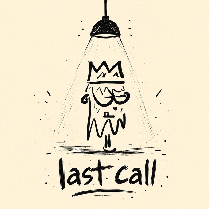 Black-and-white stylized illustration of a figure wearing sunglasses and a crown under a hanging lamp, with the handwritten text 'last call' beneath it.