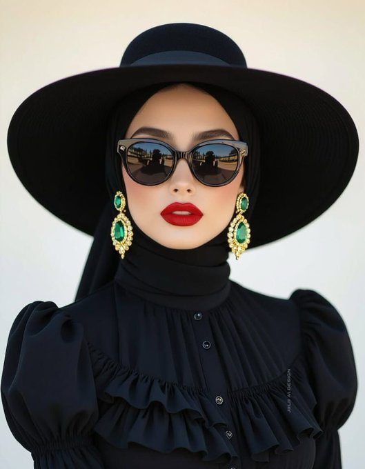 A stylish woman wearing a black wide-brimmed hat, sunglasses reflecting a cityscape, red lipstick, and large green earrings poses in a black ruffled blouse.