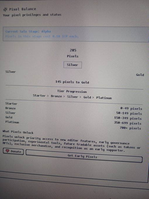 A screenshot of a Pixel Balance page shows a user with '205 Pixels' at the 'Silver' tier, with progression bars to Gold and explanations of tier benefits and pixel costs.