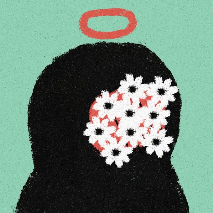 An artistic illustration shows a black silhouetted figure with a red halo above its head and a heart made of white daisies on its chest, set against a teal background.