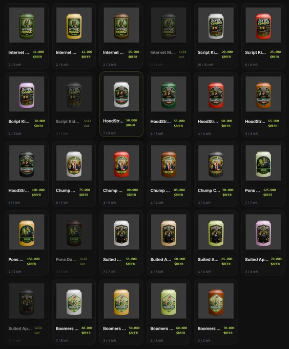 A digital marketplace displaying a grid of character hoodies and t-shirts with names like 'Internet', 'Script Ki...', 'HoodStr...', 'Chump', 'Pons', 'Suited', and 'Boomers', each listed with prices in $HEIK and supply counts.