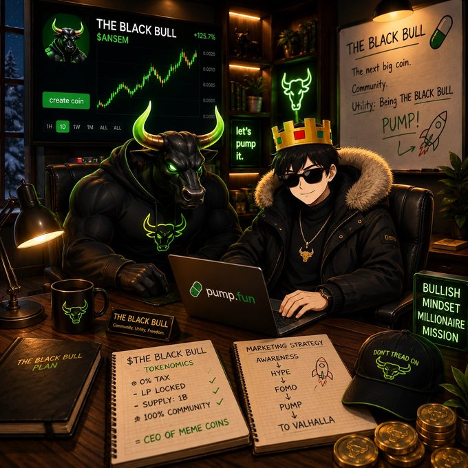 The image depicts a stylized crypto workspace titled "$THE BLACK BULL" featuring characters working on a pump.fun laptop alongside a chart showing "THE BLACK BULL $ANSEM" at +125.7%, with notes outlining tokenomics and a marketing strategy centered on community and hype. This visually aligns with the post's emphasis on the $ANSEM project shifting how people think about participation, showcasing the community-driven, meme-coin branding culture that defines the movement.