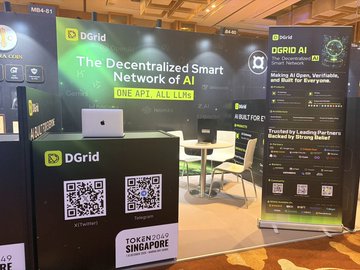 DGrid booth at a Singapore crypto/AI conference displaying 'The Decentralized Smart Network of AI' with QR codes and 'TOKEN2049 SINGAPORE' branding.