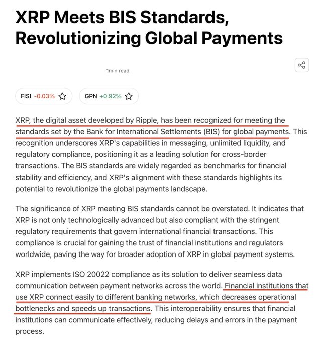 The image shows a text box with information about Ripple standards meeting BIS global payments requirements. The header of the box includes words like "Ripple", "Global Payments", "Meets BIS Standards". Below this, there are three stars and several numbers. The first star is labeled "XRP", representing Ripple currency. The two other stars represent Bitcoin (BTC) standards. The text in the box states that banks have not yet implemented these standards. It also mentions that most people are underestimating how quickly Ripple will meet BIS requirements, possibly for a future transition to centralized digital assets or centralized banks taking over payment systems like PayPal, Venmo, and more.