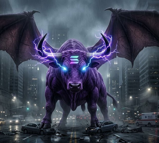 A massive purple bull with bat-like wings and glowing electric horns stands menacingly in a rain-soaked city street, crushing cars beneath its hooves beneath stormy skies. The image visually echoes the "Solana Bulls" theme of the post, with the "≡" symbol on the bull's forehead referencing Solana's network logo and the creature's soaring wings symbolizing the bullish call for $CURB and $SOL.