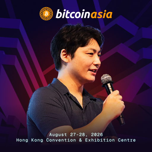 The image features a man standing next to a microphone, holding it up as if he were about to speak at an event or conference related to Bitcoin Asia. The background of the image has purple and black colors with white lines, giving it a futuristic appearance. The text "BITCOIN ASIA" is prominently displayed in the upper part of the image, indicating that this man might be speaking at an event related to Bitcoin Asia.
