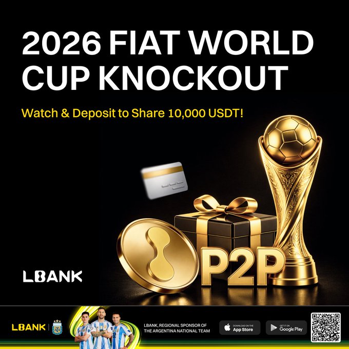 This image promotes LBank's "2026 Fiat World Cup Knockout" event, where users can watch and deposit to share 10,000 USDT. The image visually ties together the World Cup theme with elements like a trophy and soccer ball, alongside financial imagery like a credit card, coin, gift box, and the "P2P" text, reinforcing the deposit and reward aspects of the promotion.