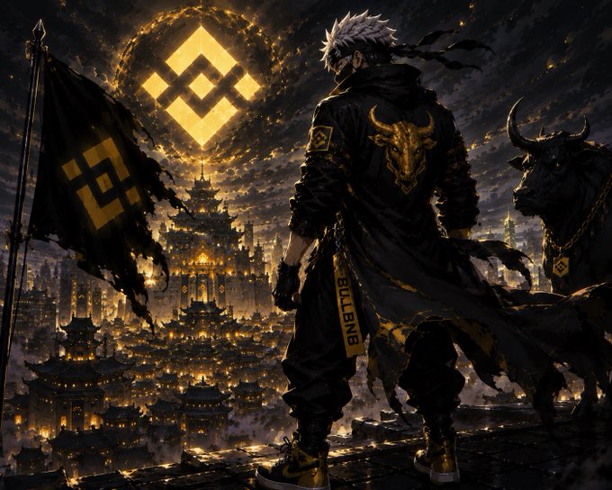 A dark, stylized anime artwork featuring a character with white hair and a bull-themed jacket overlooking a golden-lit cityscape, with Binance logos and flags displayed prominently.