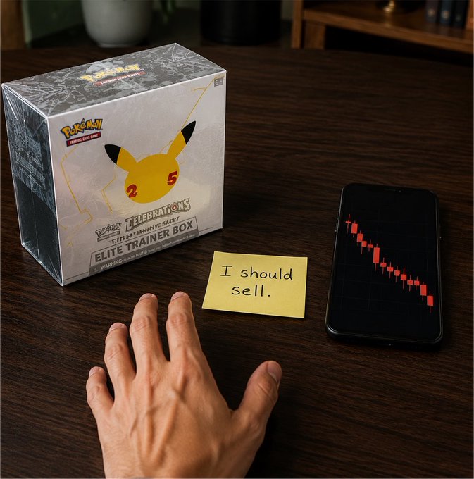 A scene featuring a Pokémon Celebrations Elite Trainer Box, a hand reaching toward it, a sticky note that reads 'I should sell.', and a smartphone displaying a red downward candlestick chart.
