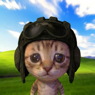 A cute cartoon kitten wearing an oversized black aviator helmet with goggles stares at the camera, set against the iconic rolling green hills and blue sky of the Windows XP "Bliss" wallpaper. This whimsical feline image likely serves as a humorous mascot for the $BOB token, accompanying the automated bot's playful "pspspsps come buy" message as it announces a new member joining the community.