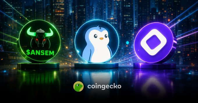 A CoinGecko promotional graphic featuring three crypto tokens displayed as glowing orbs against a city skyline: $ANSEM (bull logo), a penguin coin (Pudgy Penguins), and a purple diamond token (likely Mantle or similar).