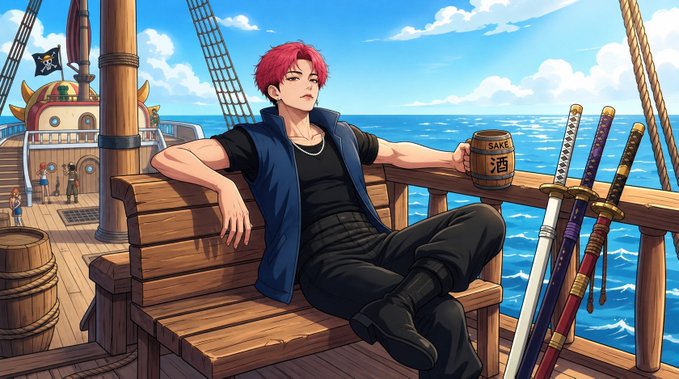 An anime-style illustration shows a red-haired young man in a blue vest lounging on a wooden bench aboard a pirate ship, with a wooden mug labeled 'SAKE 酒' and several katanas beside him.