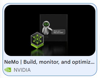 The image shows a promotional graphic for "NeMo" by NVIDIA, featuring a chat bubble displaying "What can I help you with?" alongside an NVIDIA logo cube and an astronaut-style avatar. The text below reads "NeMo | Build, monitor, and optimiz..." (truncated), crediting NVIDIA as the publisher. This visually relates to the accompanying post's discussion about NVIDIA's recent trademark filing for "NVIDIA NeMo," suggesting the company is preparing to launch this AI assistant product.