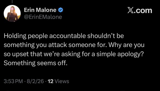 A tweet from Erin Malone (@ErinEMalone) reads, "Holding people accountable shouldn't be something you attack someone for. Why are you so upset that we're asking for a simple apology? Something seems off." The post is a response to criticism, with the accompanying context suggesting Erin was blocked and told her "meds" were the issue.