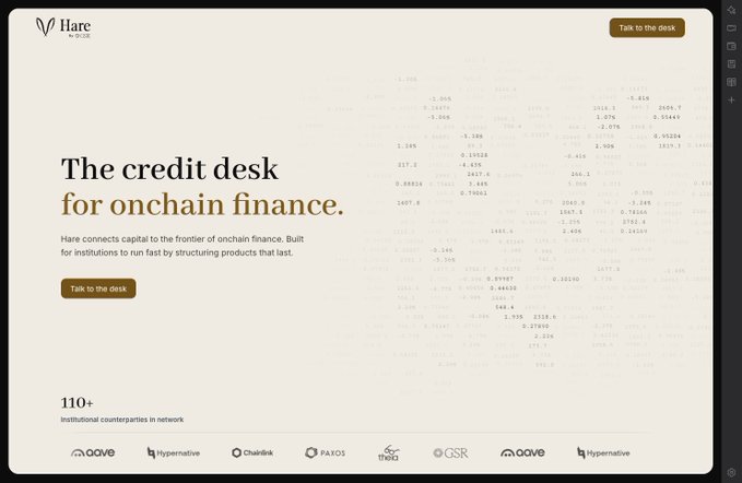 A webpage for "Hare" displays the headline "The credit desk for onchain finance" with logos for aave, hypernative, chainlink, PAXOS, theia, GSR, and others at the bottom.