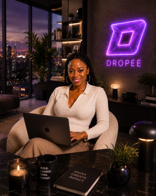 The image features a woman sitting at a desk, working on her laptop computer. She has a book next to her that says "ideas are free". The background of the image shows a city skyline with tall buildings, suggesting an urban setting for this scene. The image also contains text about the convergence of thesis topics and how it relates to the post by @dropee_app.