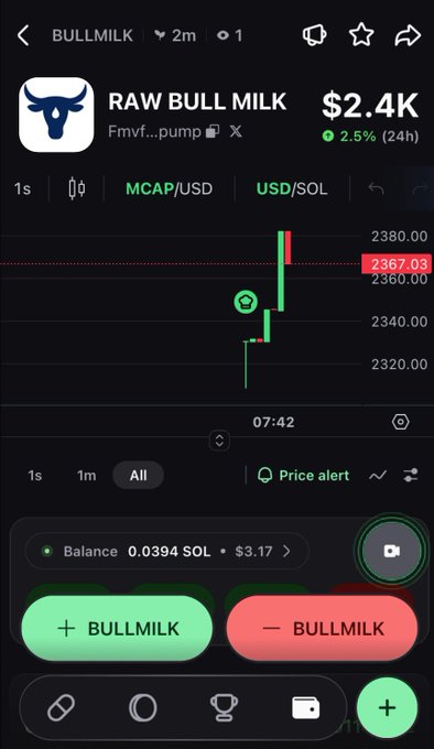 A mobile trading app screenshot showing 'RAW BULL MILK' token trading at $2.4K (2367.03) with a 2.5% 24h gain, displaying buy/sell BULLMILK buttons and a 0.0394 SOL balance.