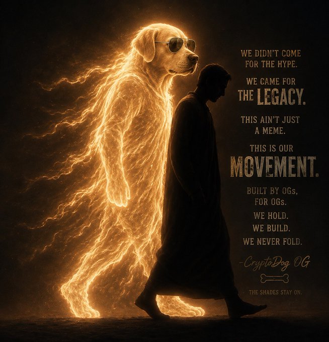 A stylized image of a hooded figure walking alongside a glowing, fiery golden dog wearing sunglasses, with text including 'WE DIDN'T COME FOR THE HYPE. WE CAME FOR THE LEGACY.' and '-CryptoDog OG'.